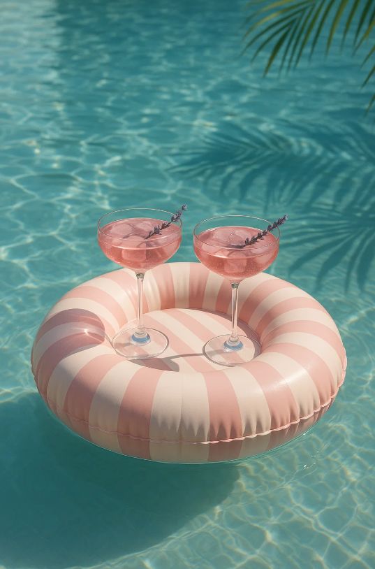 Pink pool float with cocktails